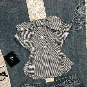 Original Black White Striped Bow Short Sleeve T-Shirt Women